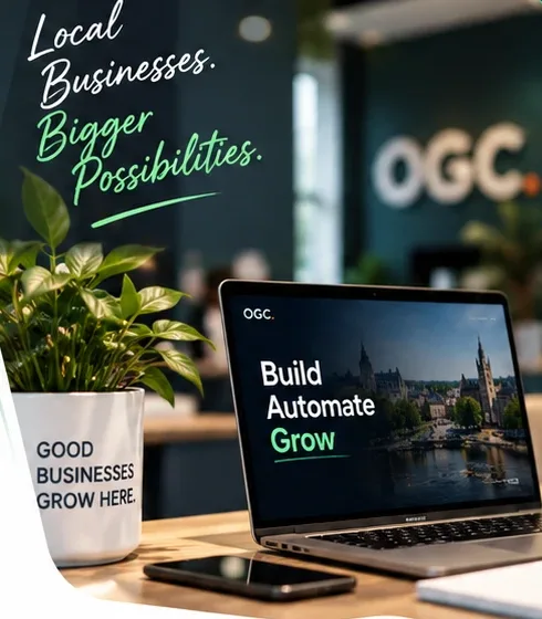 Oxford Growth Co. workspace with a laptop showing Build, Automate, Grow